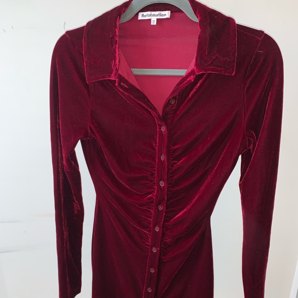 Reformation Red Velvet Long Sleeve Dress